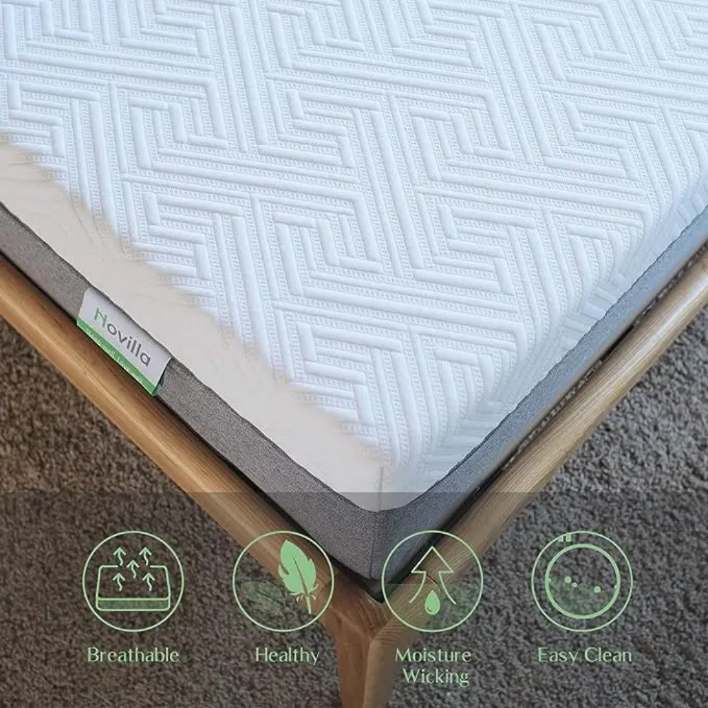Close-up of a mattress edge showing quilting pattern and label.